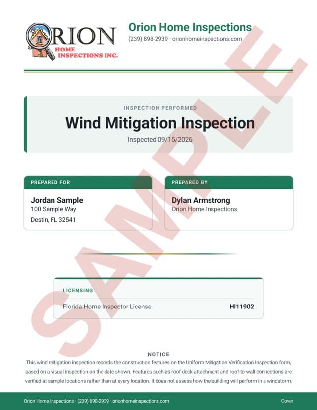 Cover page of the sample wind mitigation inspection report